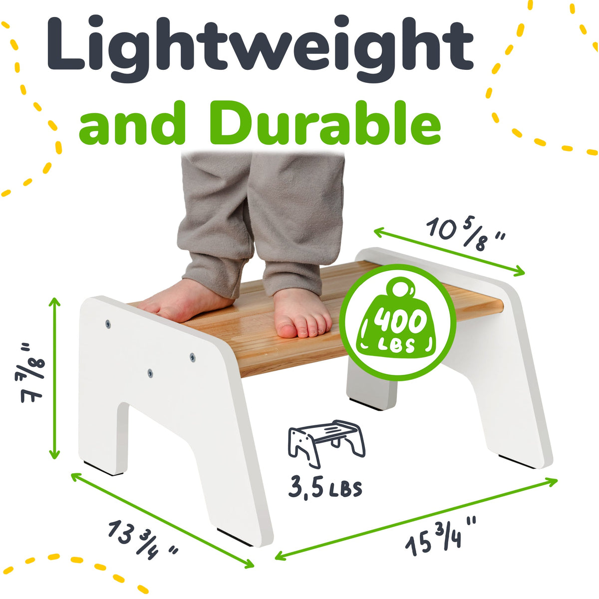 White step stool with wooden platform and child standing on the top