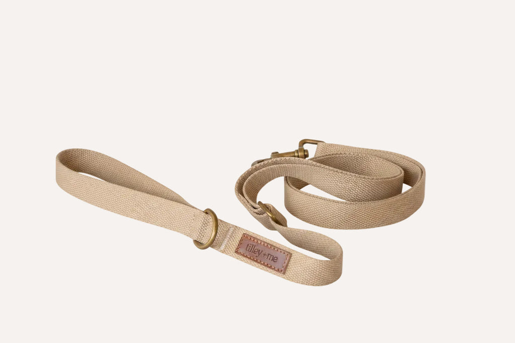 Desert sand hemp-cotton dog leash with brass hardware and adjustable strap