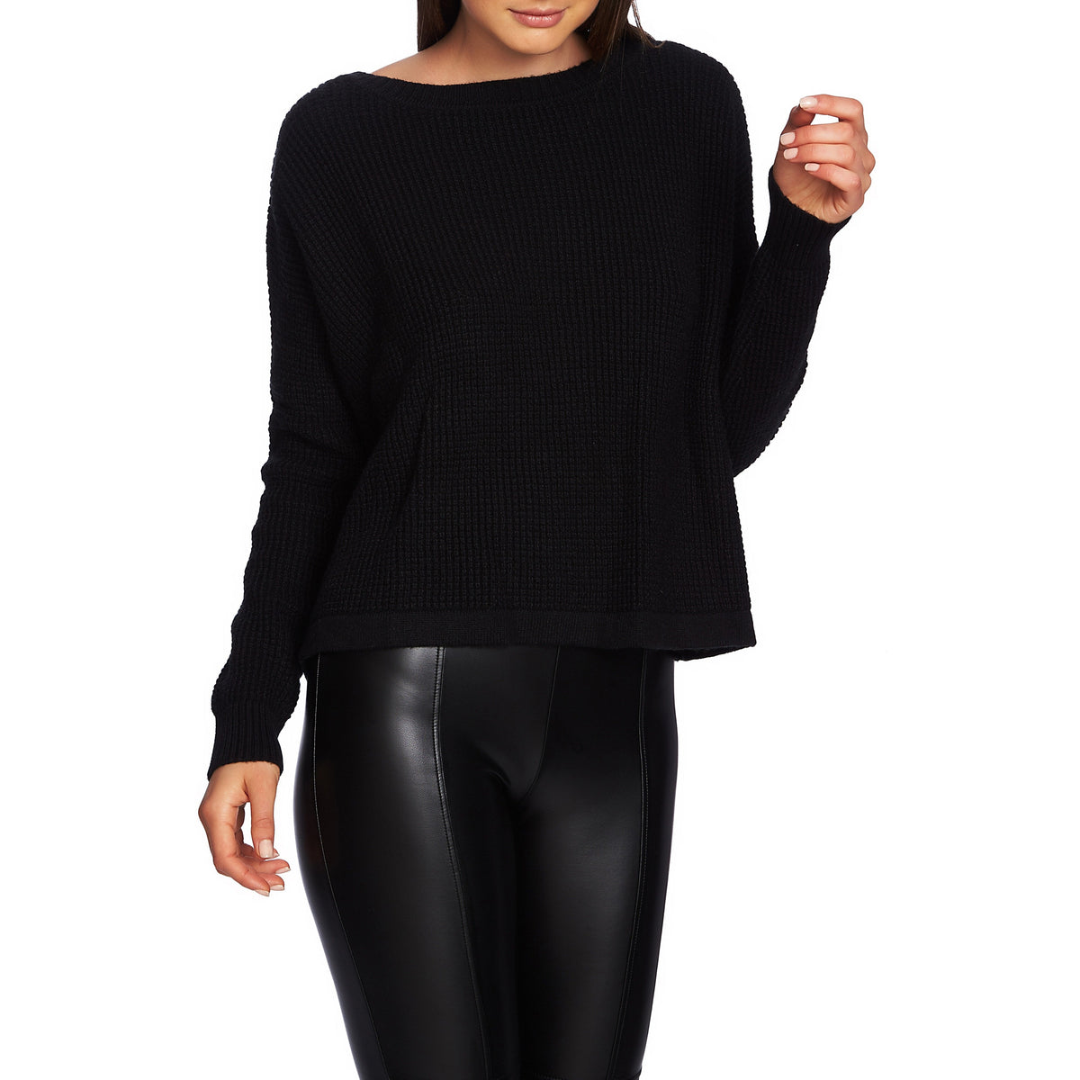 Black waffle-stitch lace-up pullover sweater with long sleeves