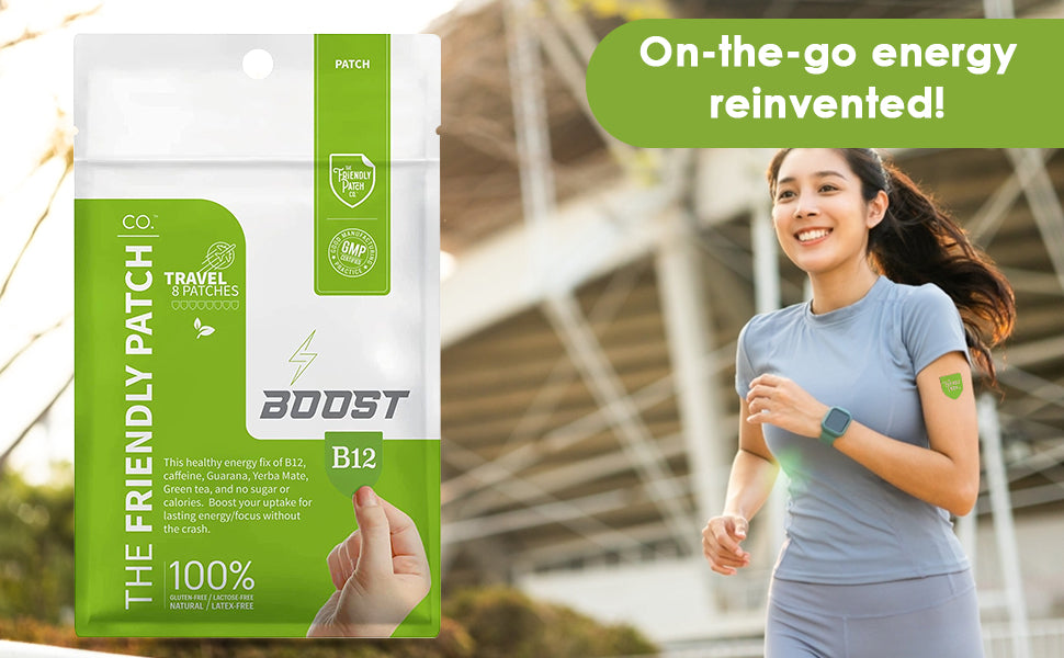 Boost green energy patch pouch held outdoors, travel 3-pack