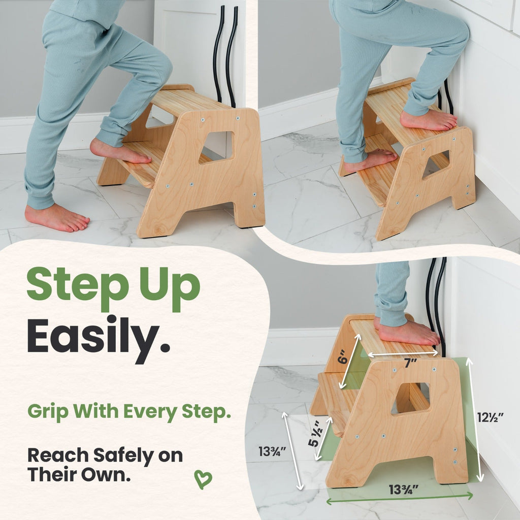 Natural wood 2-step toddler stool with cutout hand grips, wide base, and non-slip pads