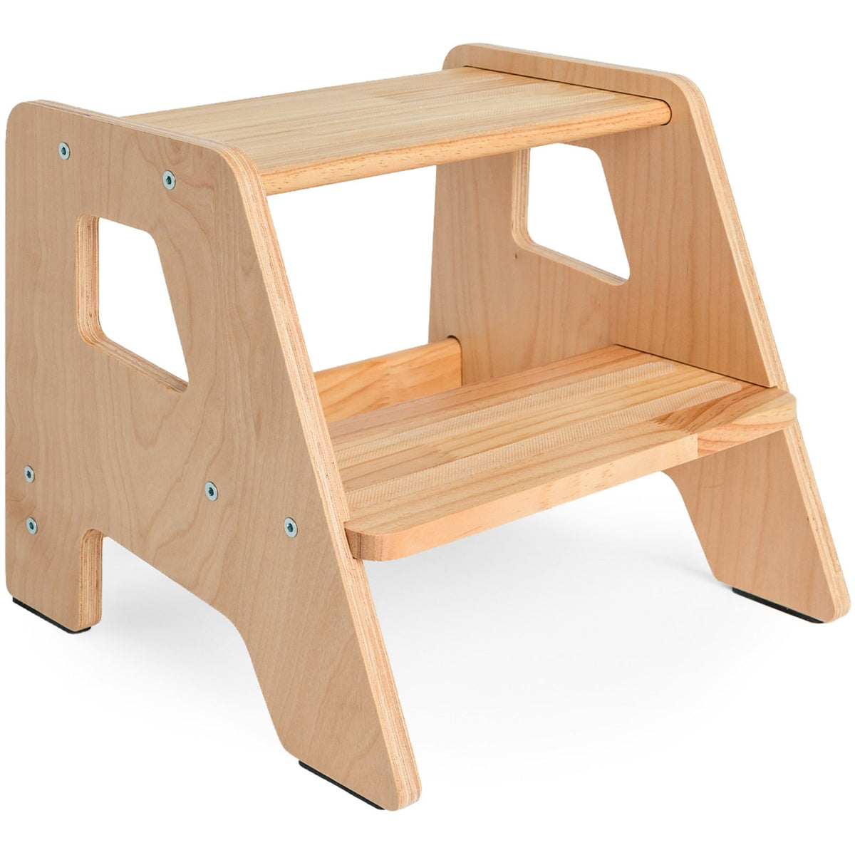 Natural wood two-step step stool with cutout side panels and smooth wood top steps.