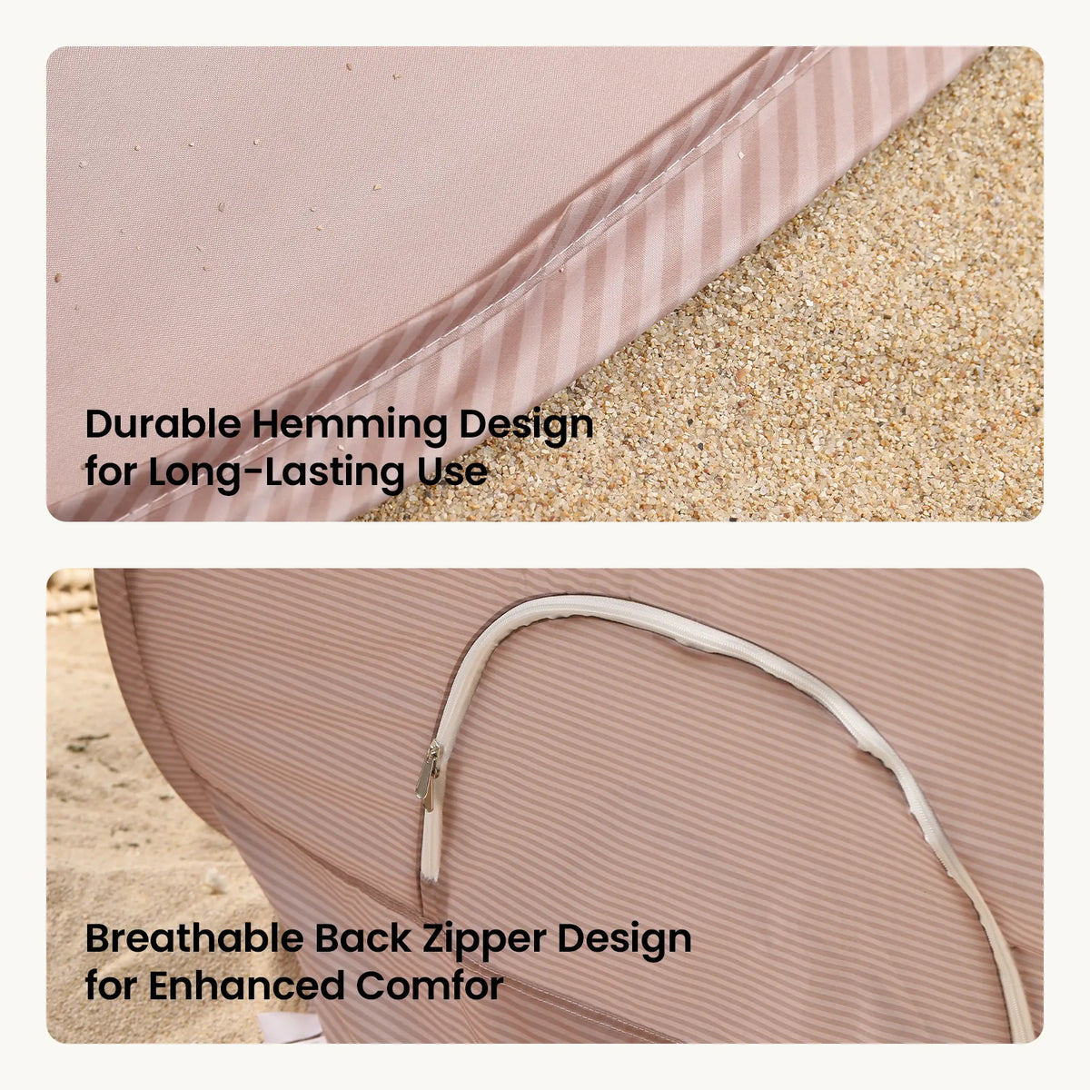 Pink beach tent with striped fabric trim and durable stitched hem