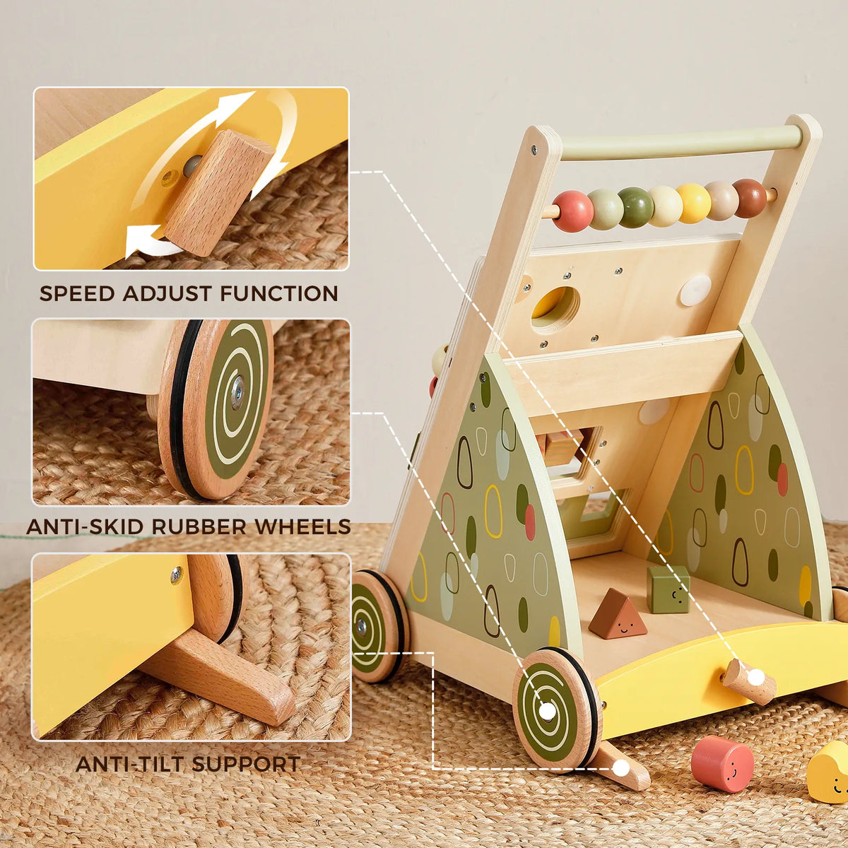 Wheeled wooden baby walker with anti-skid rubber wheels, tilt support base, and activity panels