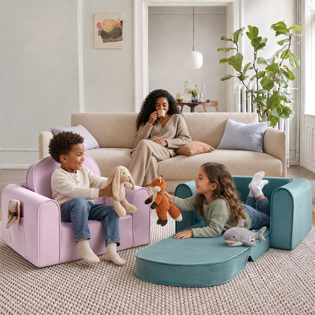 Two kids sofa chairs with matching chaise in light purple and teal