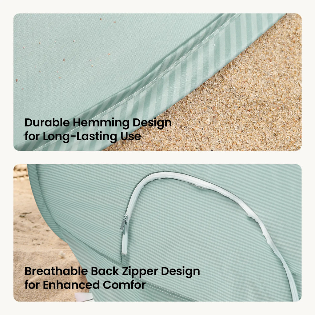 Green striped baby beach tent with zippered back opening and durable hemmed seams