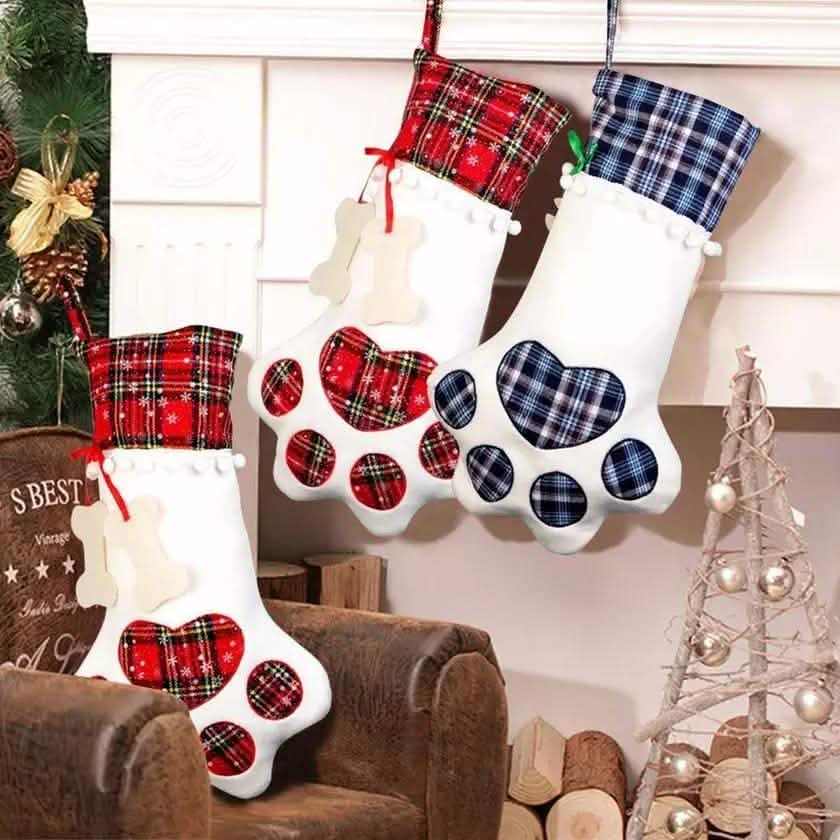 Plaid pet paw hanging Christmas stocking set: red and blue plaid cuffs on white socks