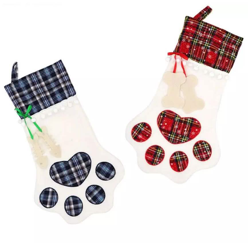 2-pack pet paw hanging Christmas stockings: blue plaid and red plaid on white socks