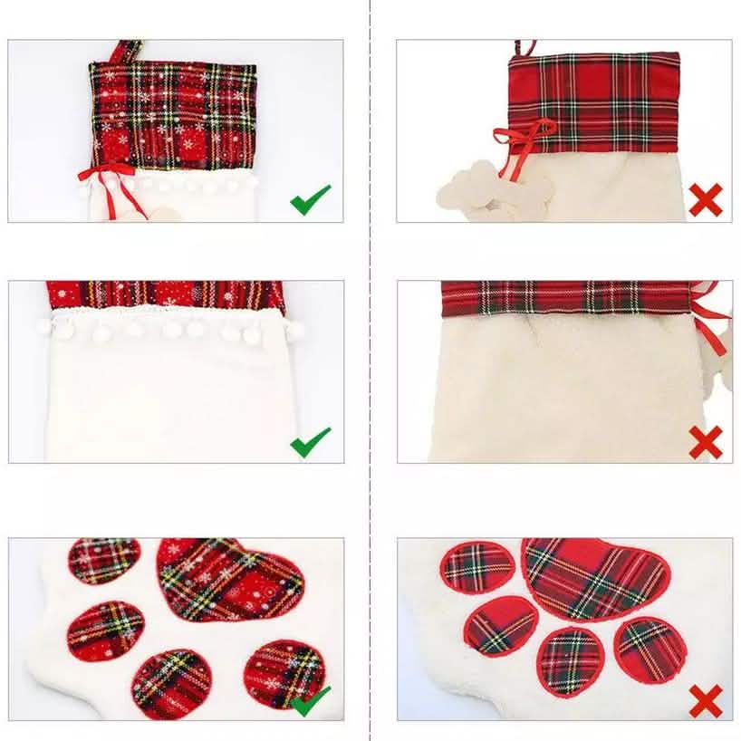 Close-up comparison of plaid cuff fit and paw-print placement on pet stockings