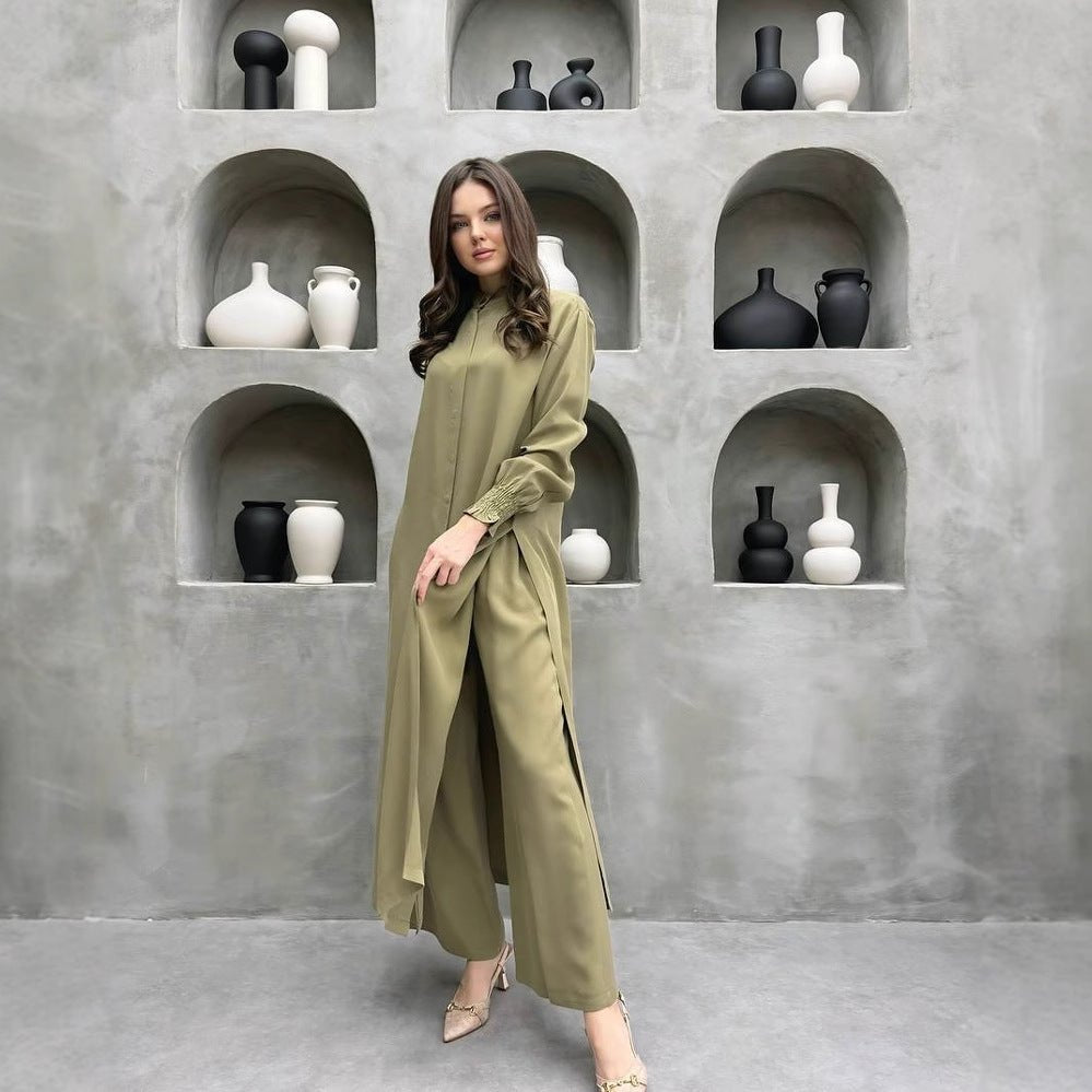 2-piece mandarin collar longline shirt and wide-leg pants set, olive