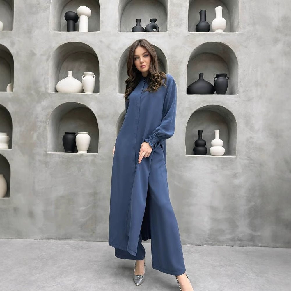 2-piece mandarin collar longline shirt and wide-leg pants set, blue