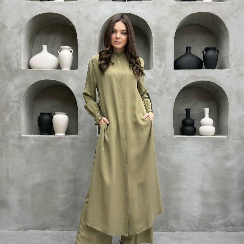 2-piece mandarin collar longline shirt and wide-leg pants set, olive