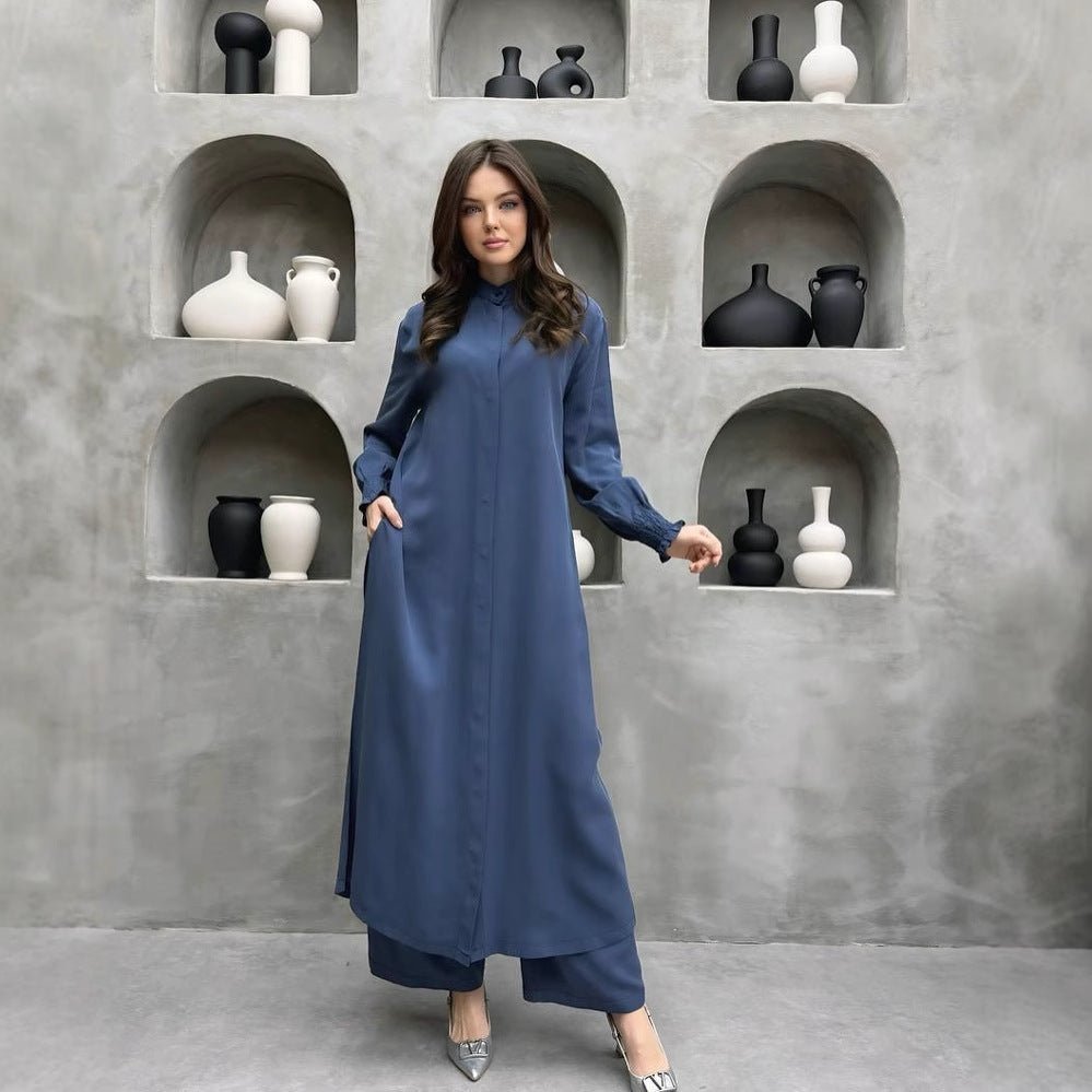 2-piece mandarin collar longline shirt and wide-leg pants set, blue