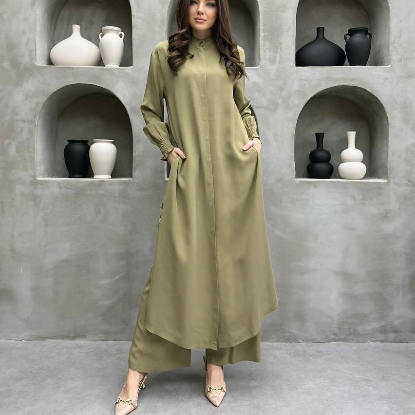 2-piece mandarin collar longline shirt and wide-leg pants set, olive