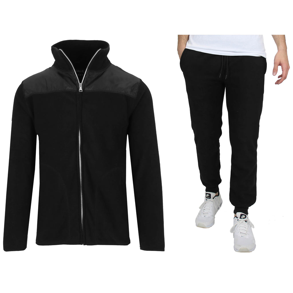Men's black polar fleece zip jacket and tapered jogger sweatpants set
