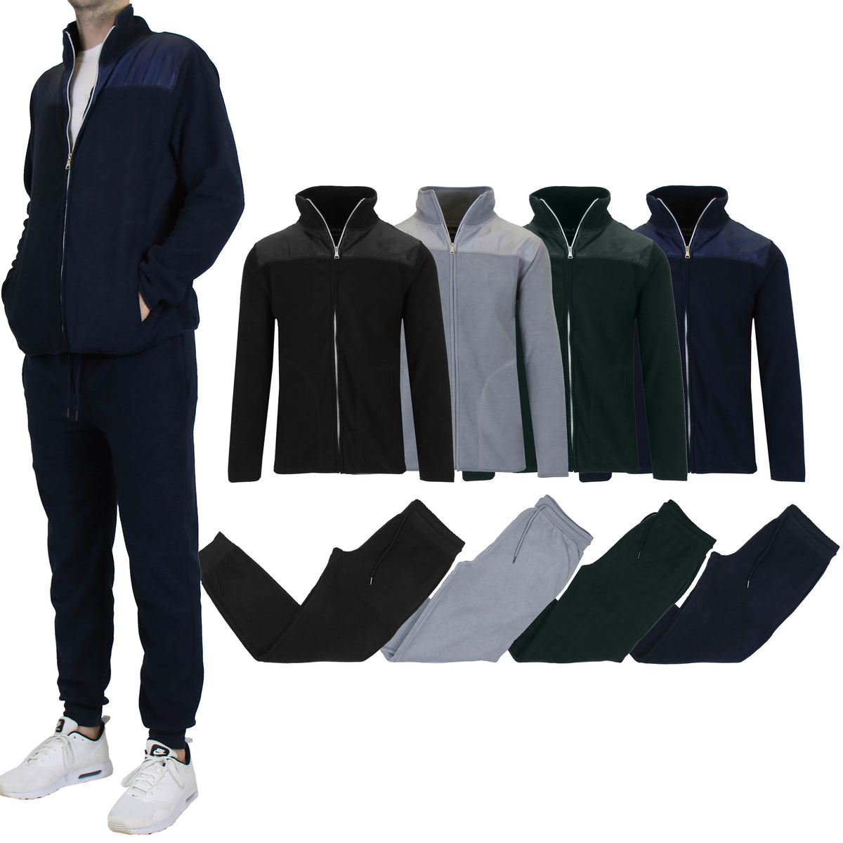 Men's black polar fleece zip-up jacket and jogger sweatpants set