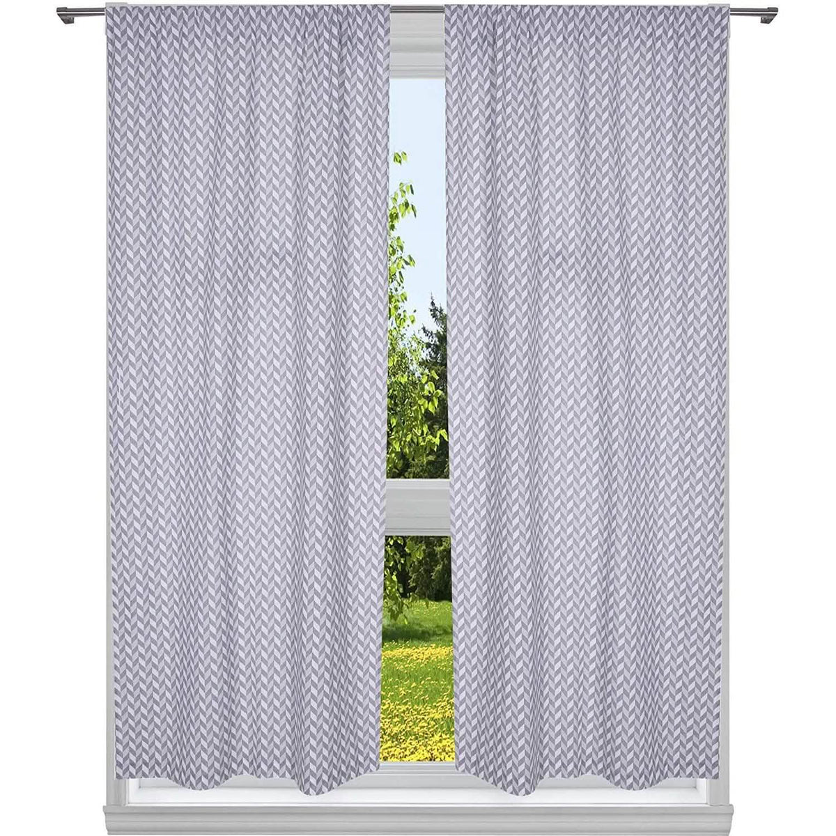Gray chevron blackout window curtain pair, two hanging panels with top grommets