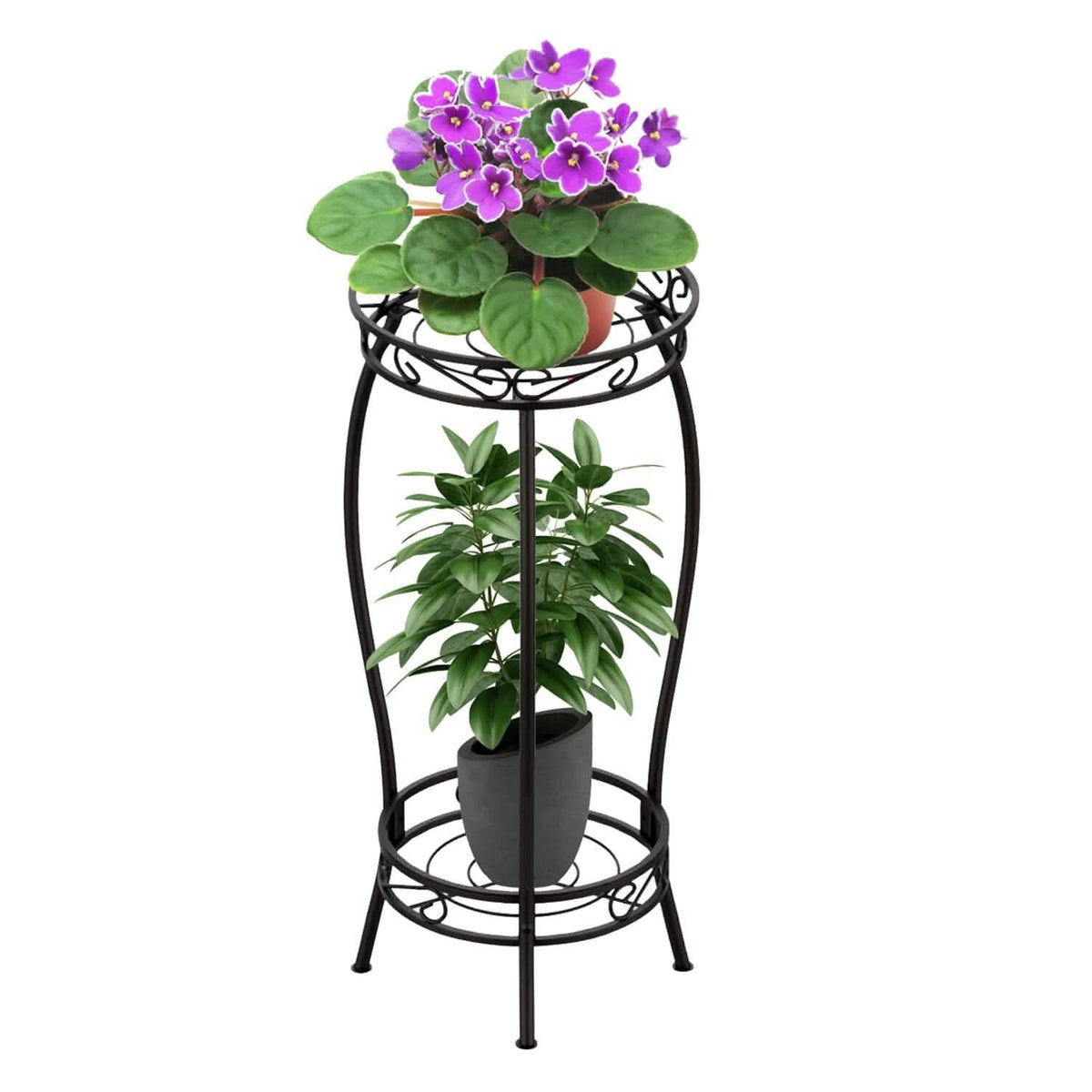 Black 2-tier tall plant stand with circular wire shelves and curved legs