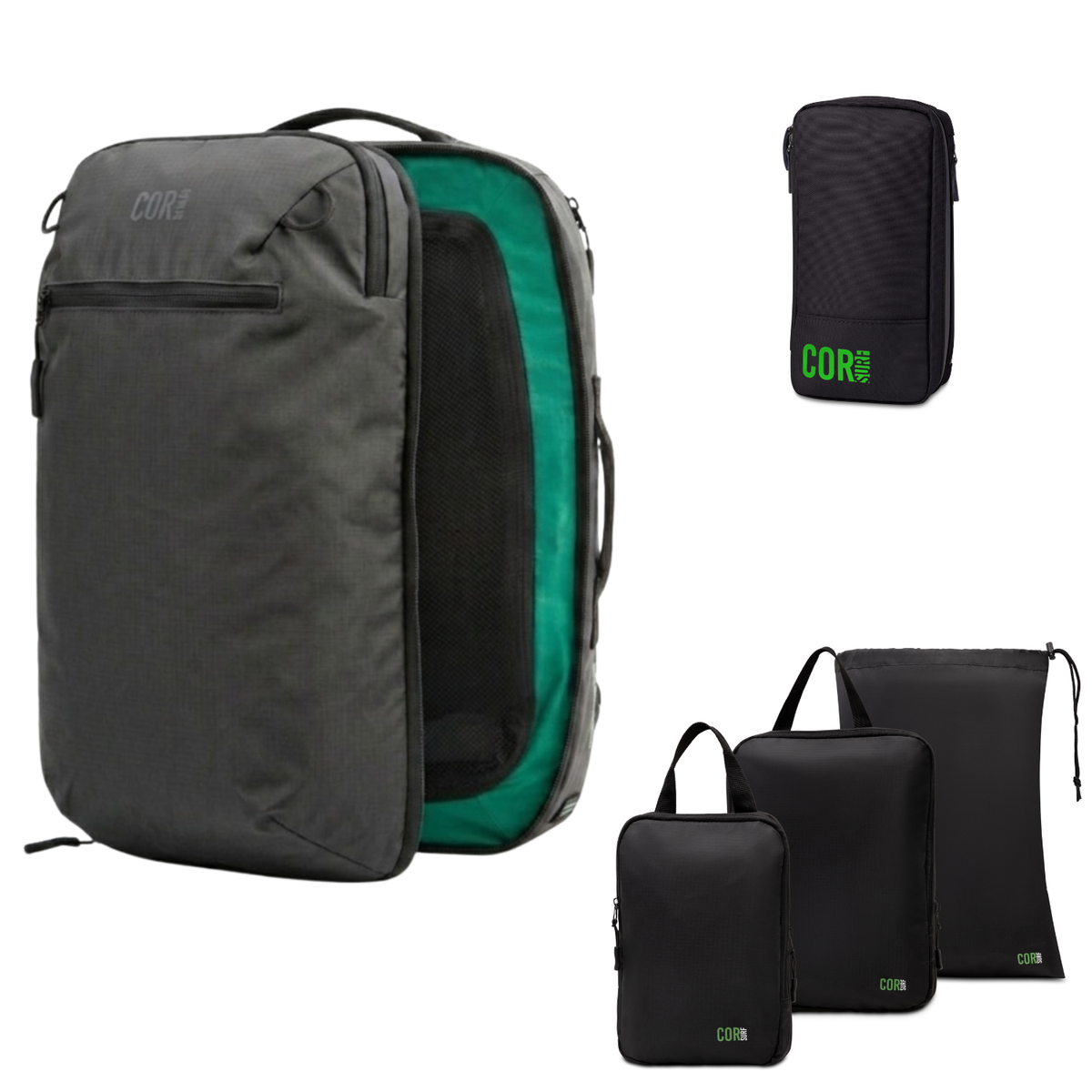 Gray travel backpack set with black packing pouches and slim organizer, green interior