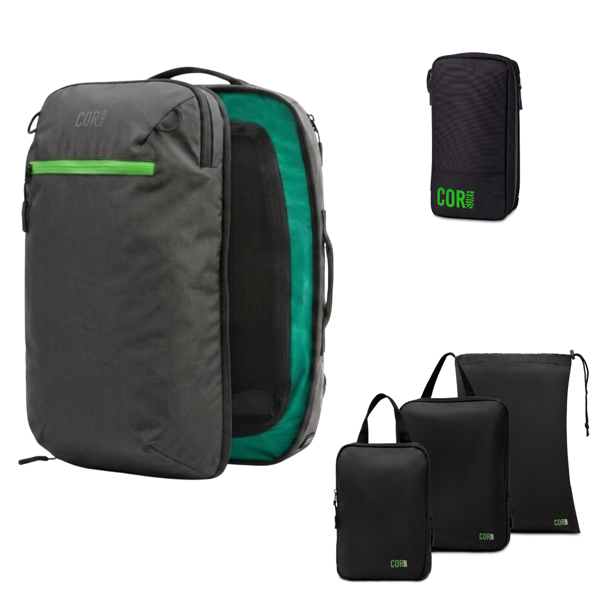 Travel backpack with packing cubes, black shell with green trim and zipper