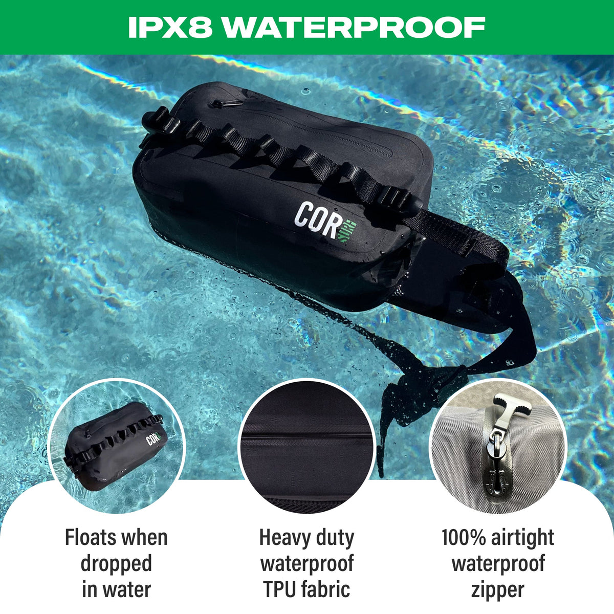 Black waterproof waist pack (2.5L) with front zipper and webbing belt straps