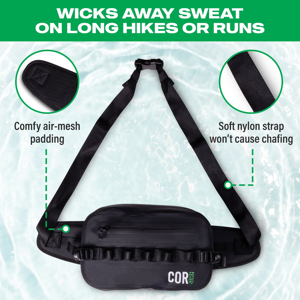 Black waterproof waist pack (2.5L) with padded shoulder straps and front zip pocket
