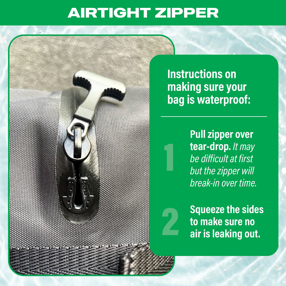 Waterproof waist pack zipper with pull tab, close-up of clasp and webbing