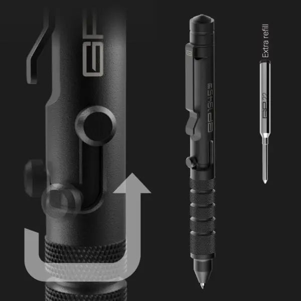 Dark bolt-action EDC pen with clip and retractable tip view