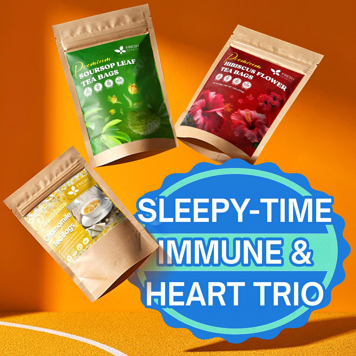 Herbal tea bag trio assortment with sourstop leaf, hibiscus, and chamomile tea bags