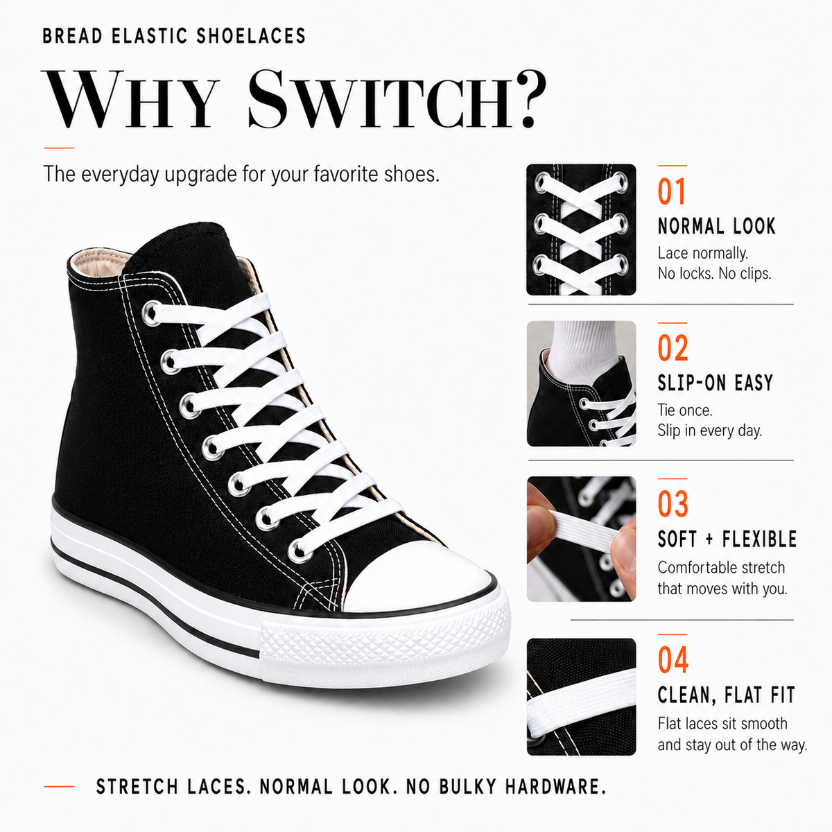 White elastic shoelaces on black high-top shoe with close-up detail panels