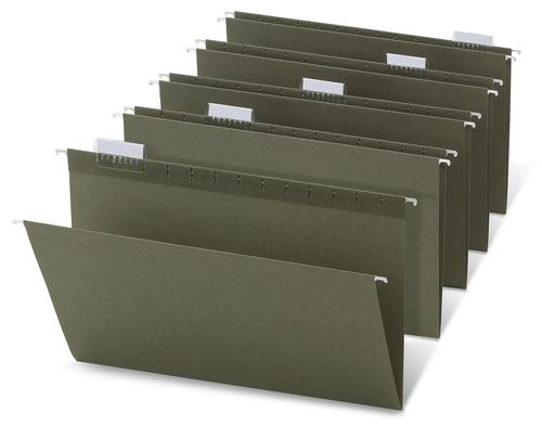 Set of dark green legal hanging file folders with adjustable metal tab frames