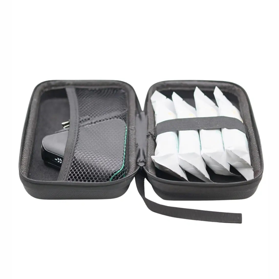 Open black travel case with mesh organizer pocket and elastic strap holding wipes