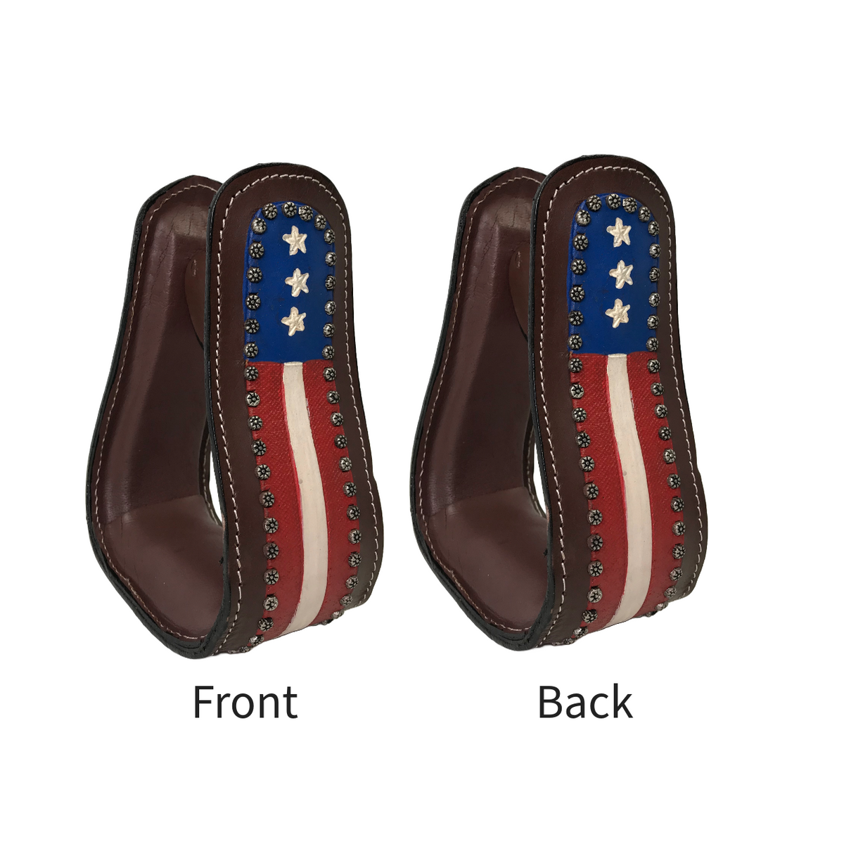 Brown leather adult western stirrups, front and back views with flag patch