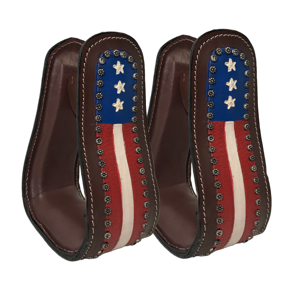 Brown leather western stirrups with patriotic flag patch, stars and red-white stripes