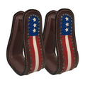 Brown leather western stirrups with patriotic flag patch, stars and red-white stripes