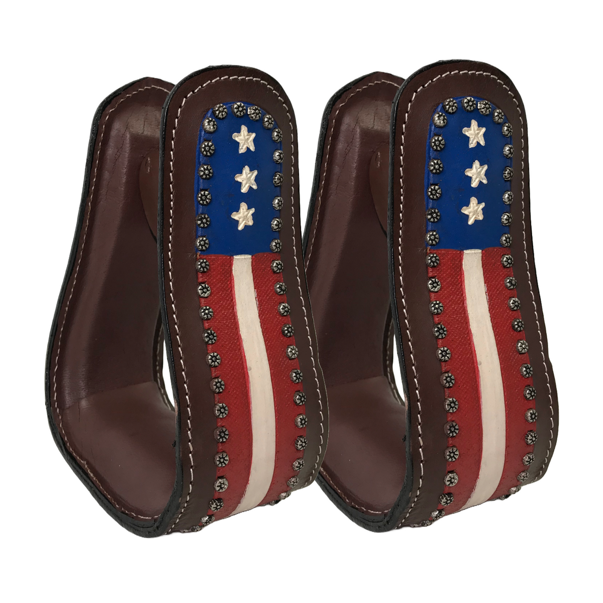Brown leather western stirrups with patriotic flag patch, stars and red-white stripes