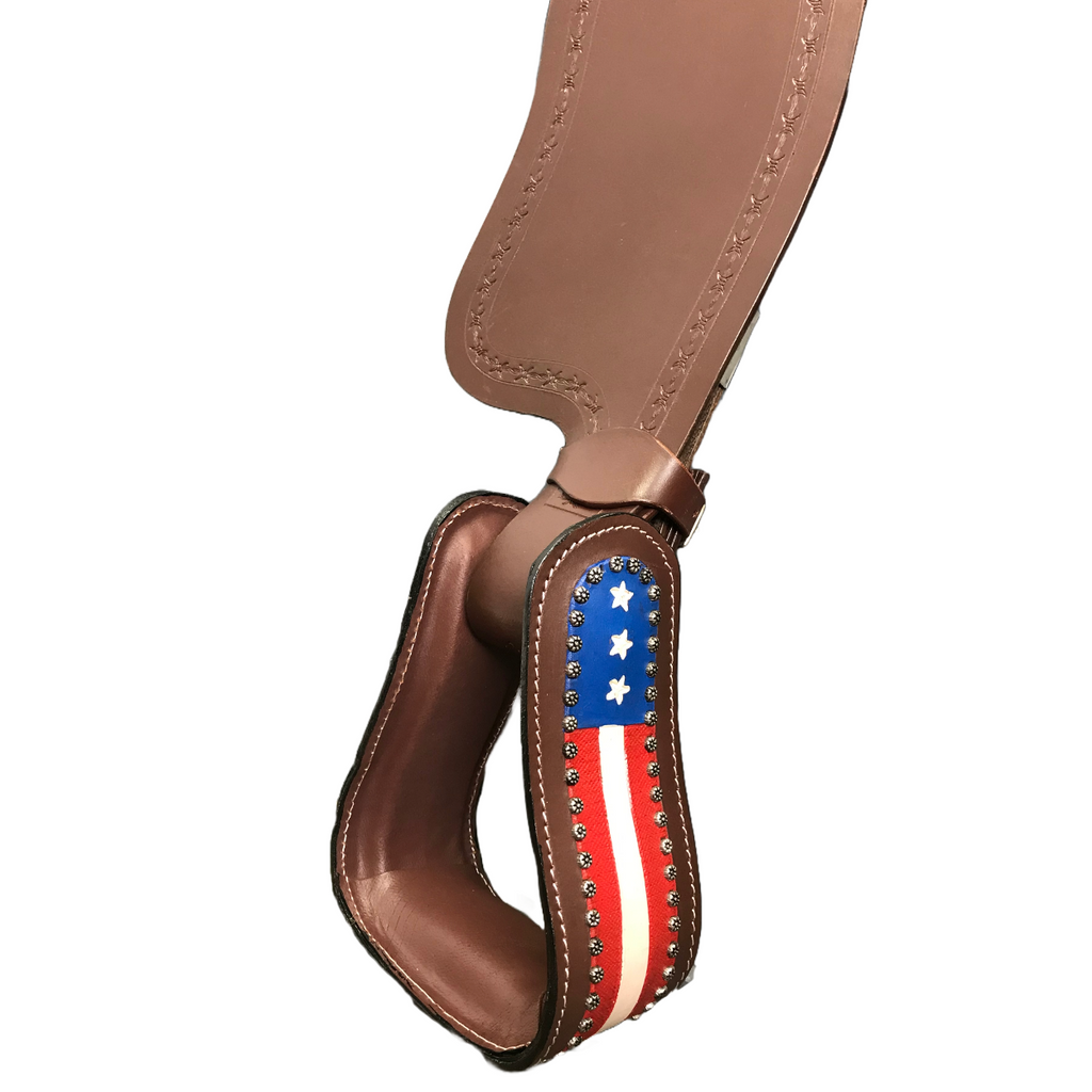 Brown leather stirrup with patriotic flag patch and star-and-stripe detailing