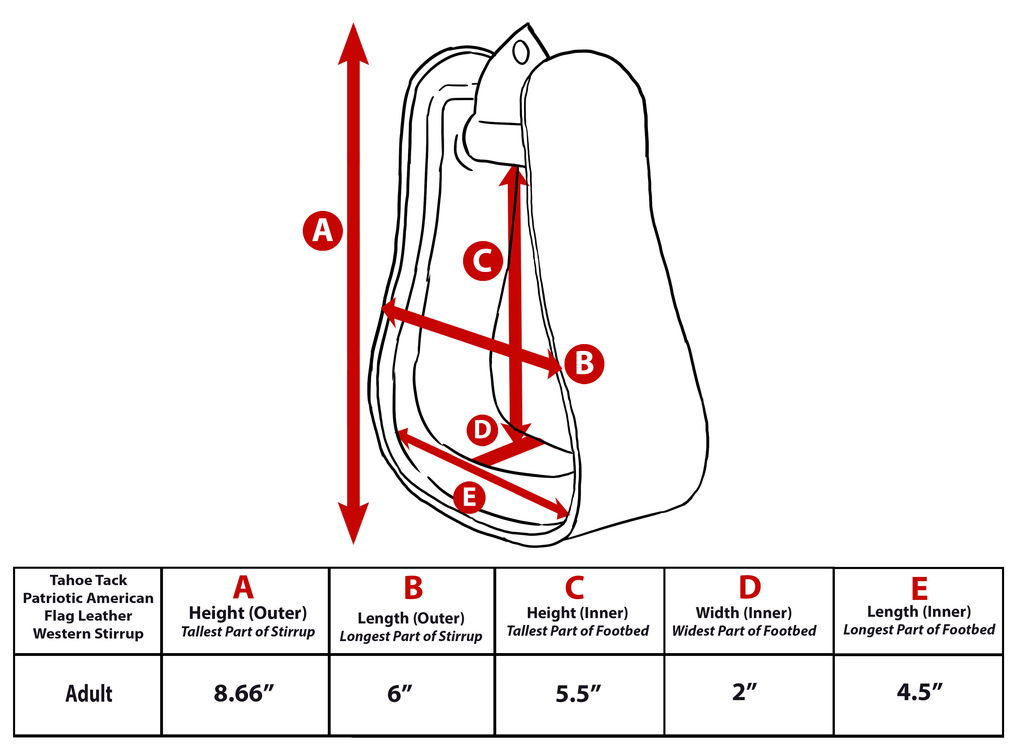Leather western stirrups size diagram with height and width arrows