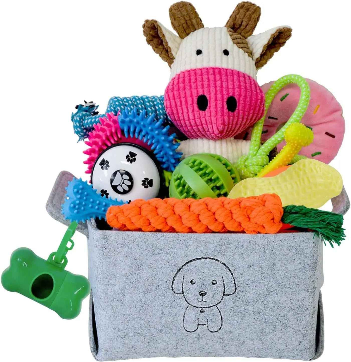 20-piece puppy chew toy set in a gray storage basket, with a plush cow and colorful toys