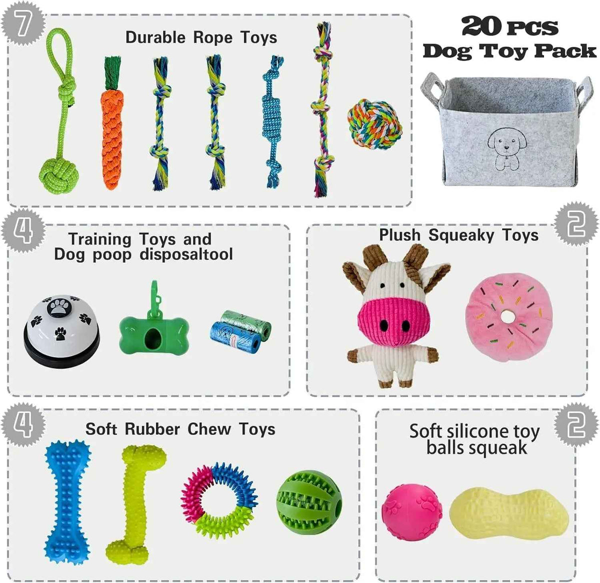20-piece dog toy set infographic showing rope, rubber, plush and training toys with a storage basket