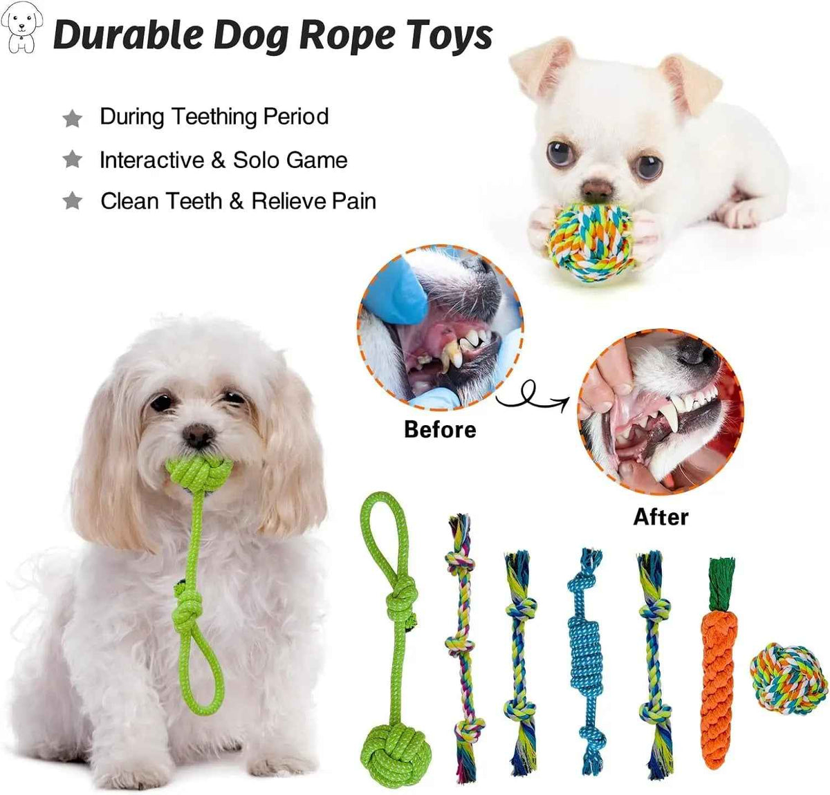 Dog rope toys including knotted cords, a carrot-shaped chew and a multicolor rope ball