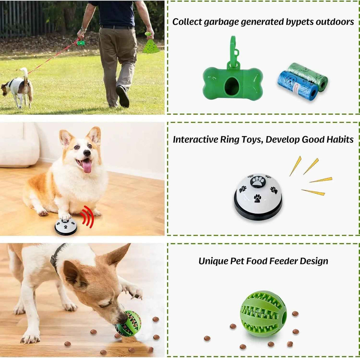 Dog toy set features a waste bag dispenser, clicker and treat-dispensing ball
