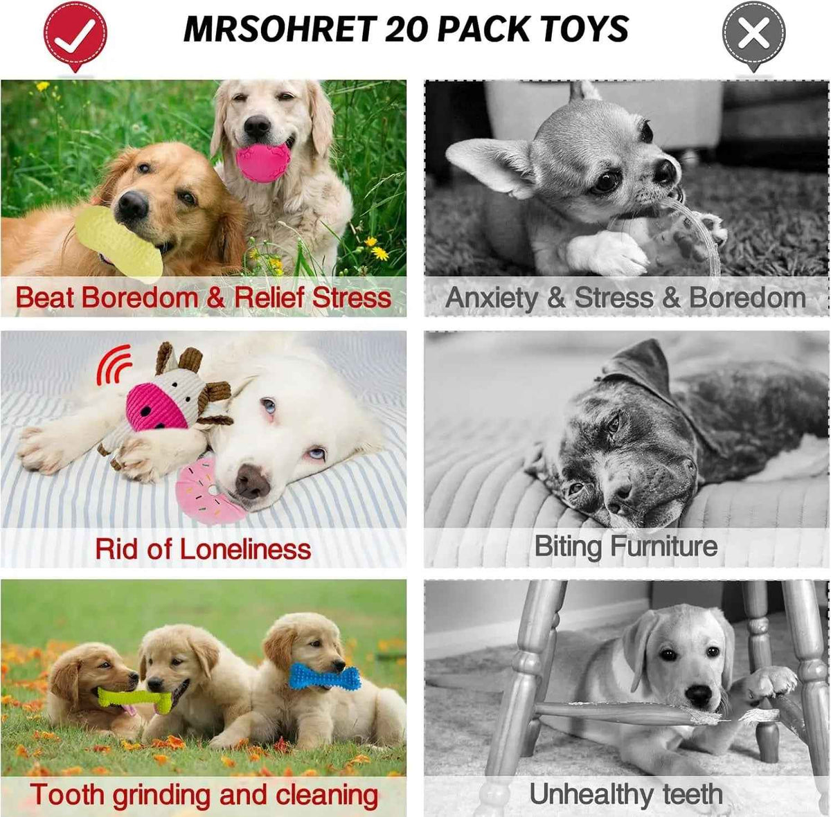 MRSOHRET 20-pack dog toys shown in use for chewing and play