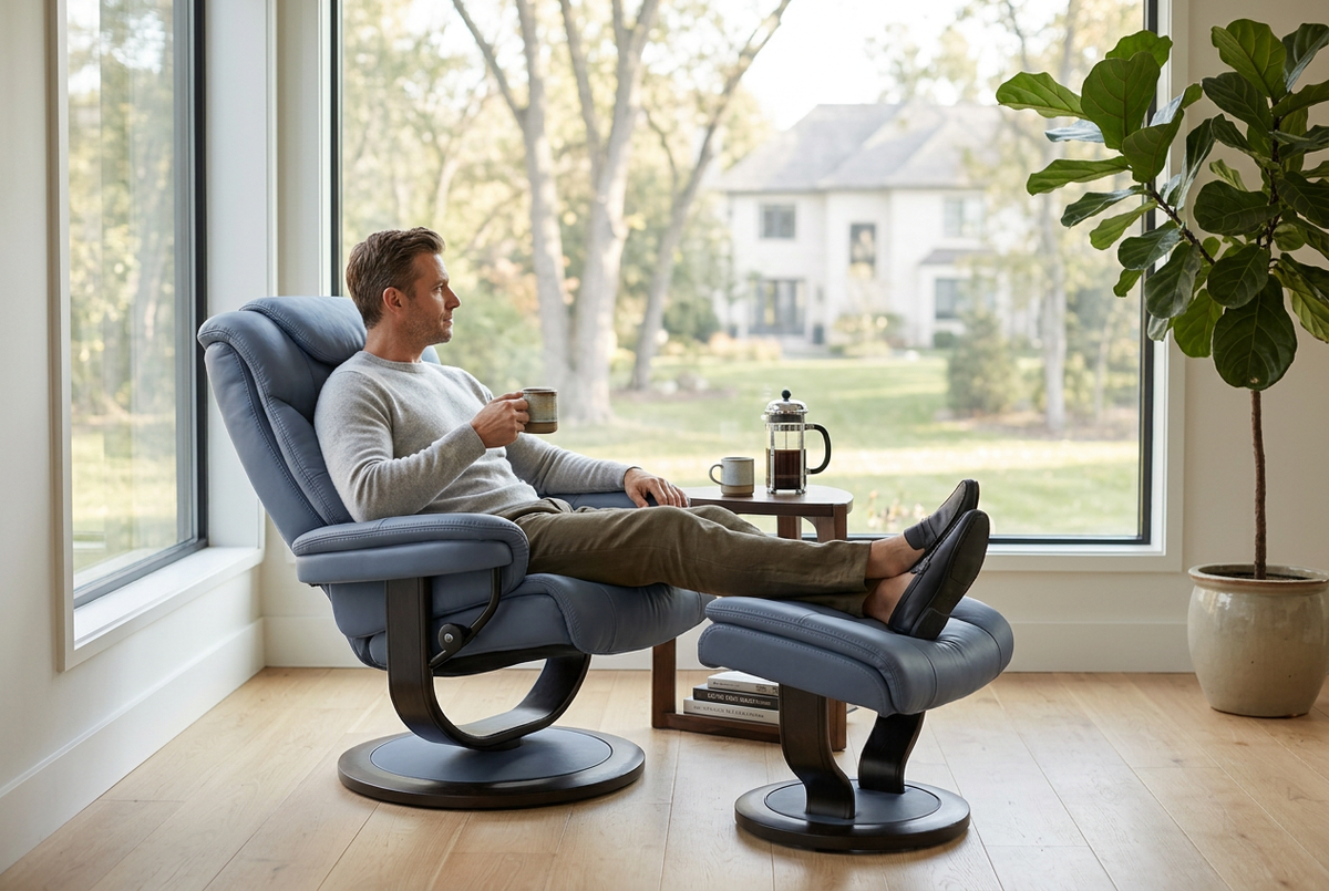 Blue euro recliner with ottoman by a window, swivel base and padded backrest