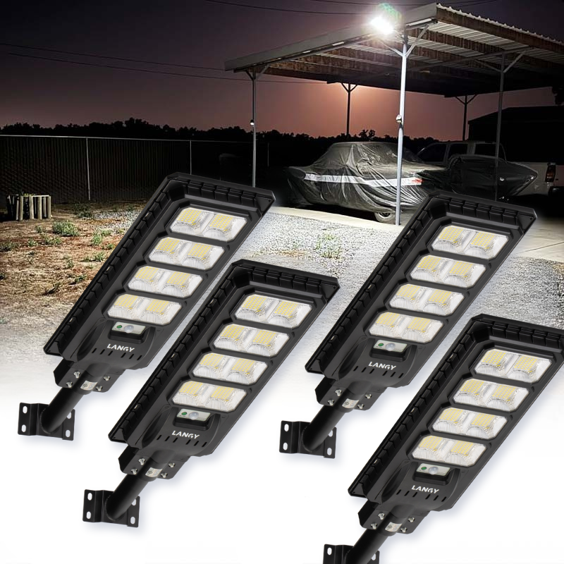 Set of four black solar security lights with mounting brackets and LED panel array