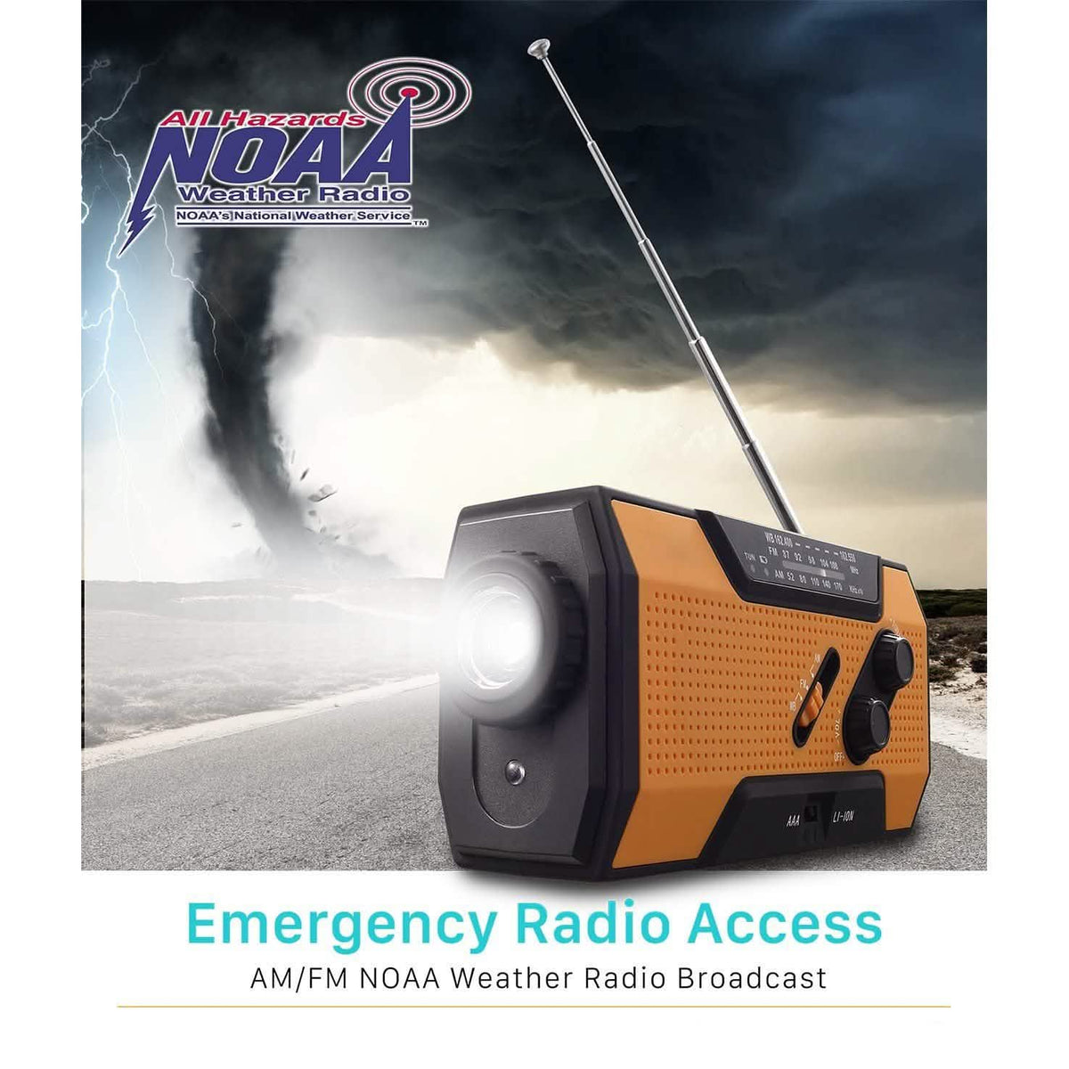 Orange emergency weather radio with long antenna, speaker grille, and control dial