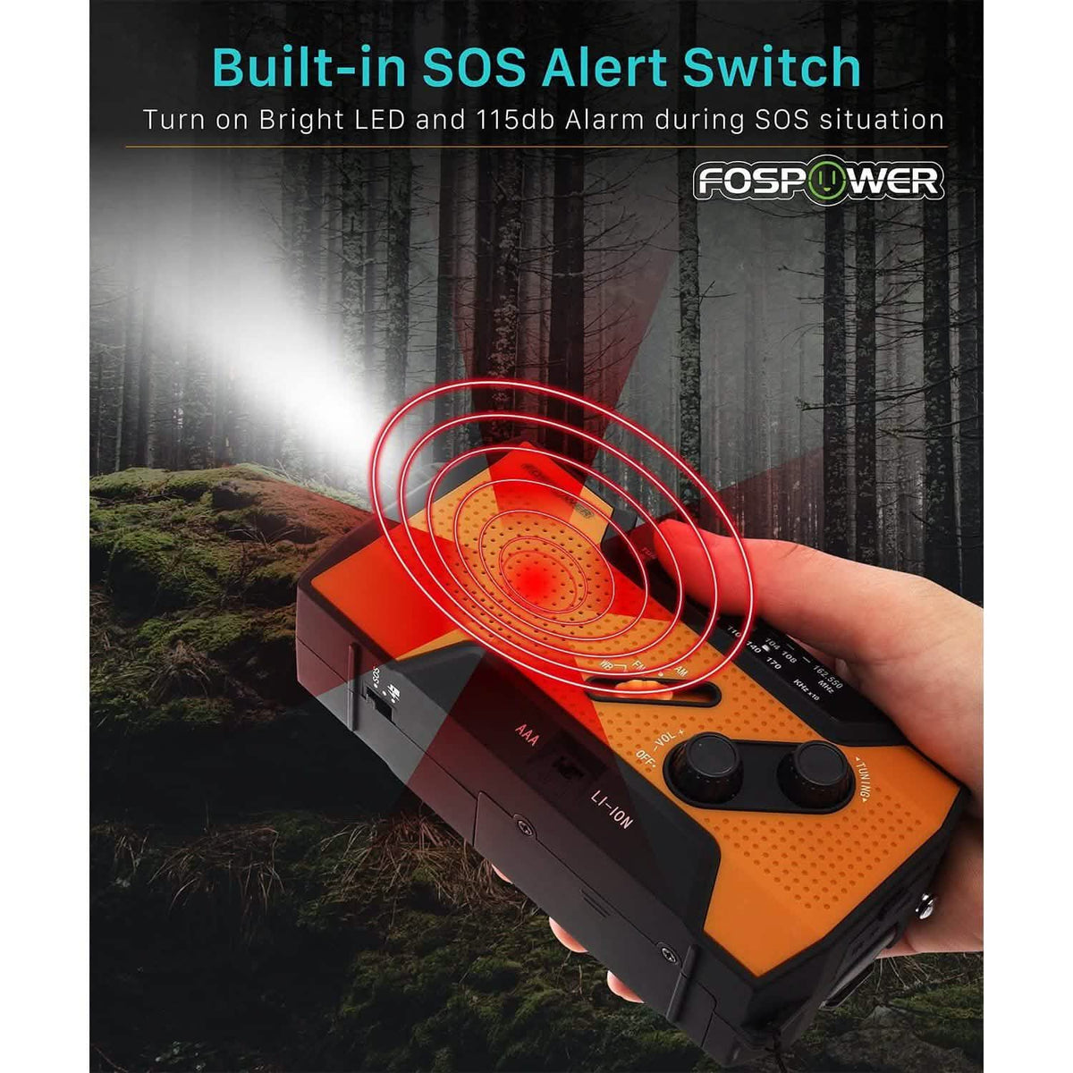 Orange emergency radio power bank with SOS alert switch and hand-held controls