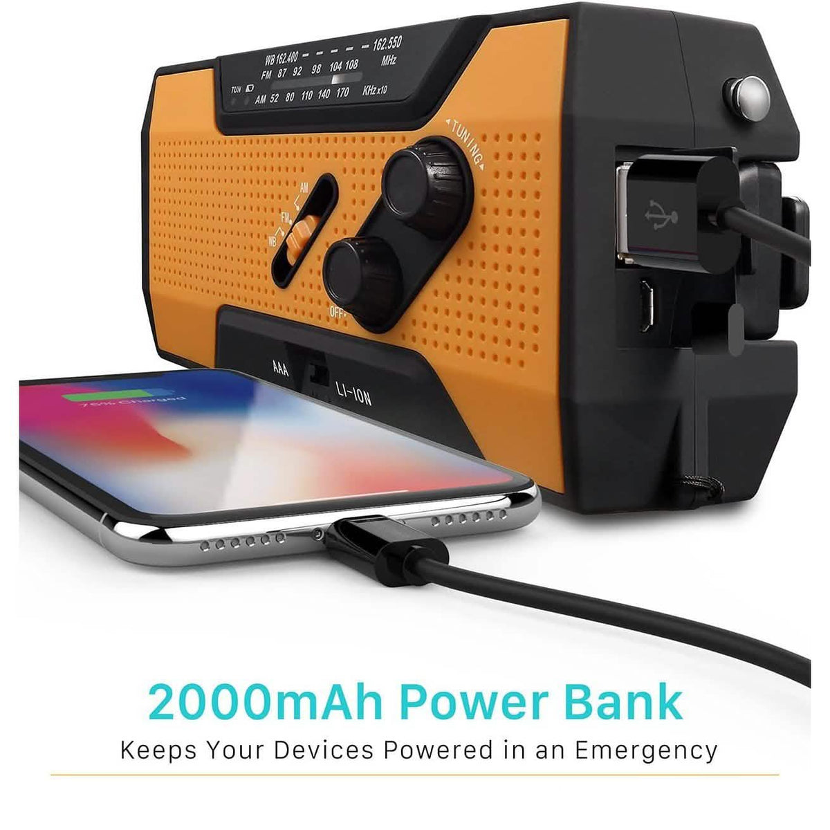 Orange and black portable emergency radio power bank with display, knobs, and ports
