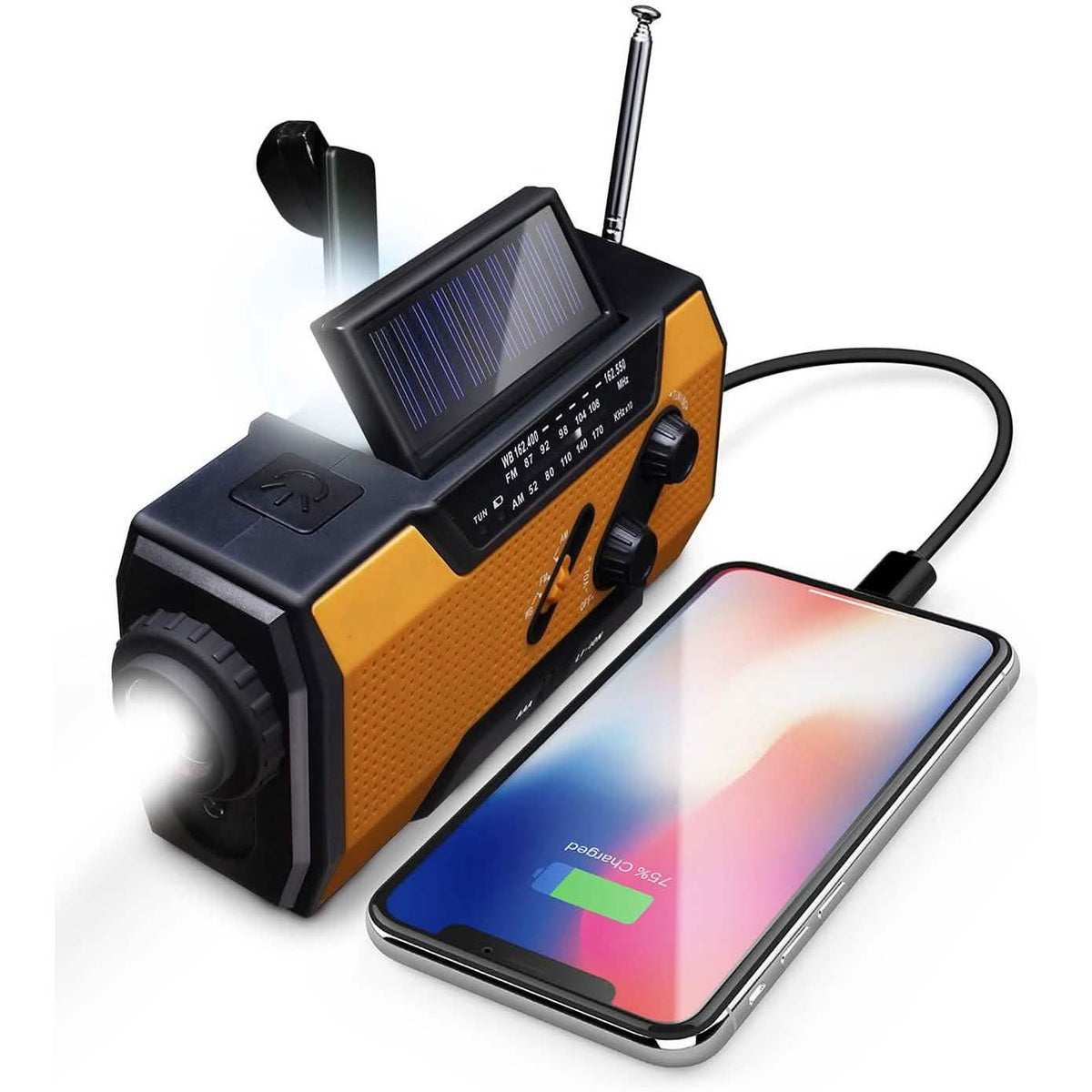 Orange and black emergency weather radio power bank with solar panel and antenna