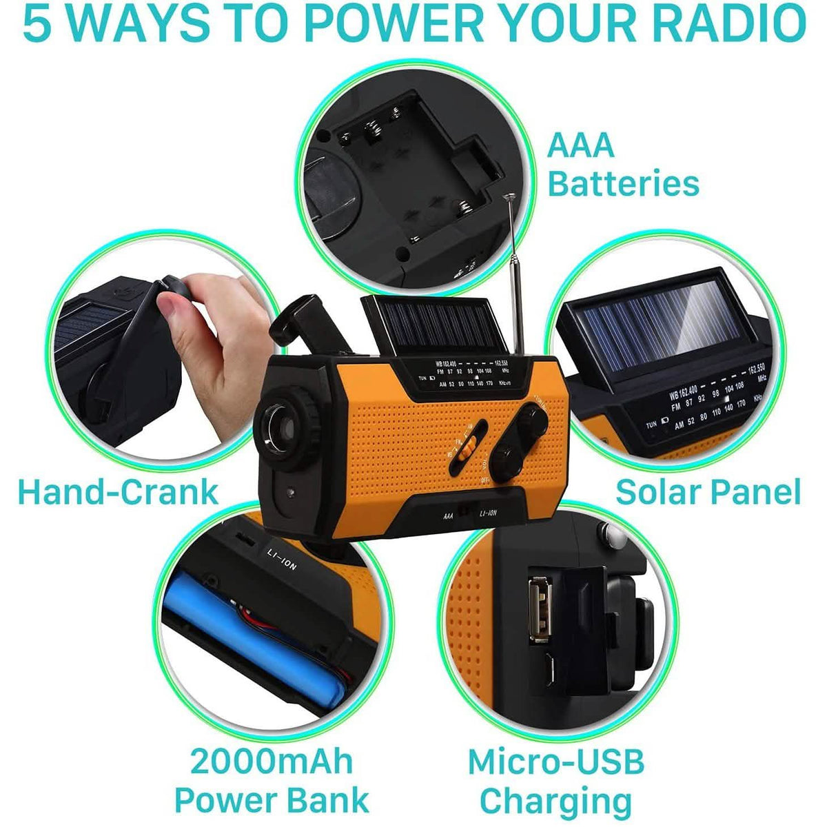 Orange emergency radio power bank with hand-crank, solar panel, battery pack, and USB charging